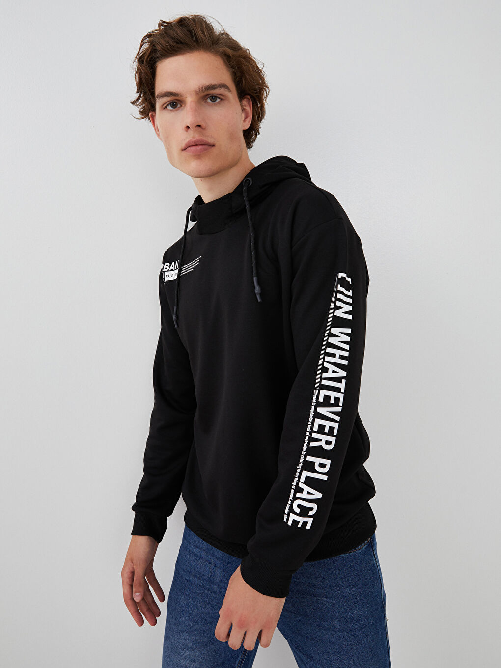 Siyah Uzun Kollu Baskılı Erkek Hoodie-1