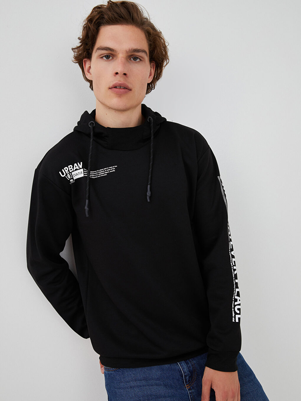 Siyah Uzun Kollu Baskılı Erkek Hoodie-3