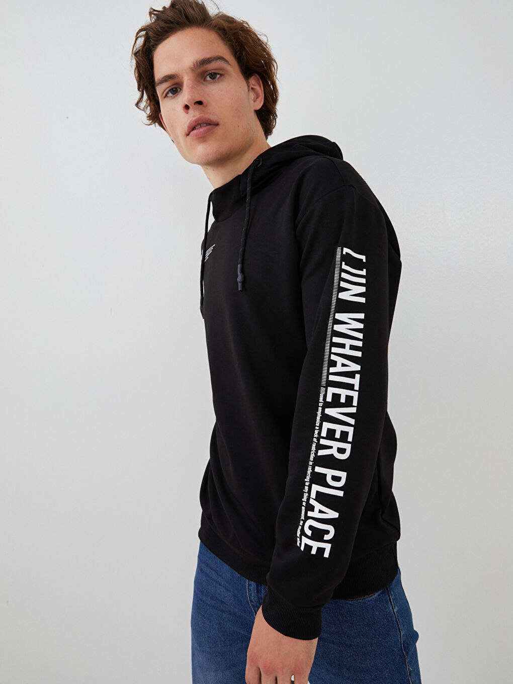 Siyah Uzun Kollu Baskılı Erkek Hoodie-5