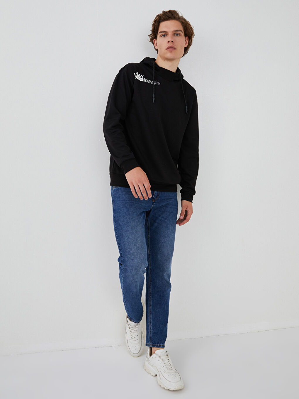 Siyah Uzun Kollu Baskılı Erkek Hoodie-7