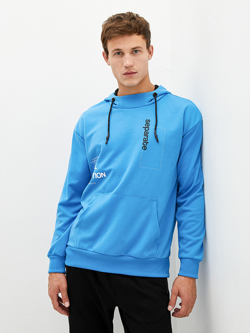 Mavi Uzun Kollu Baskılı Erkek Hoodie-8