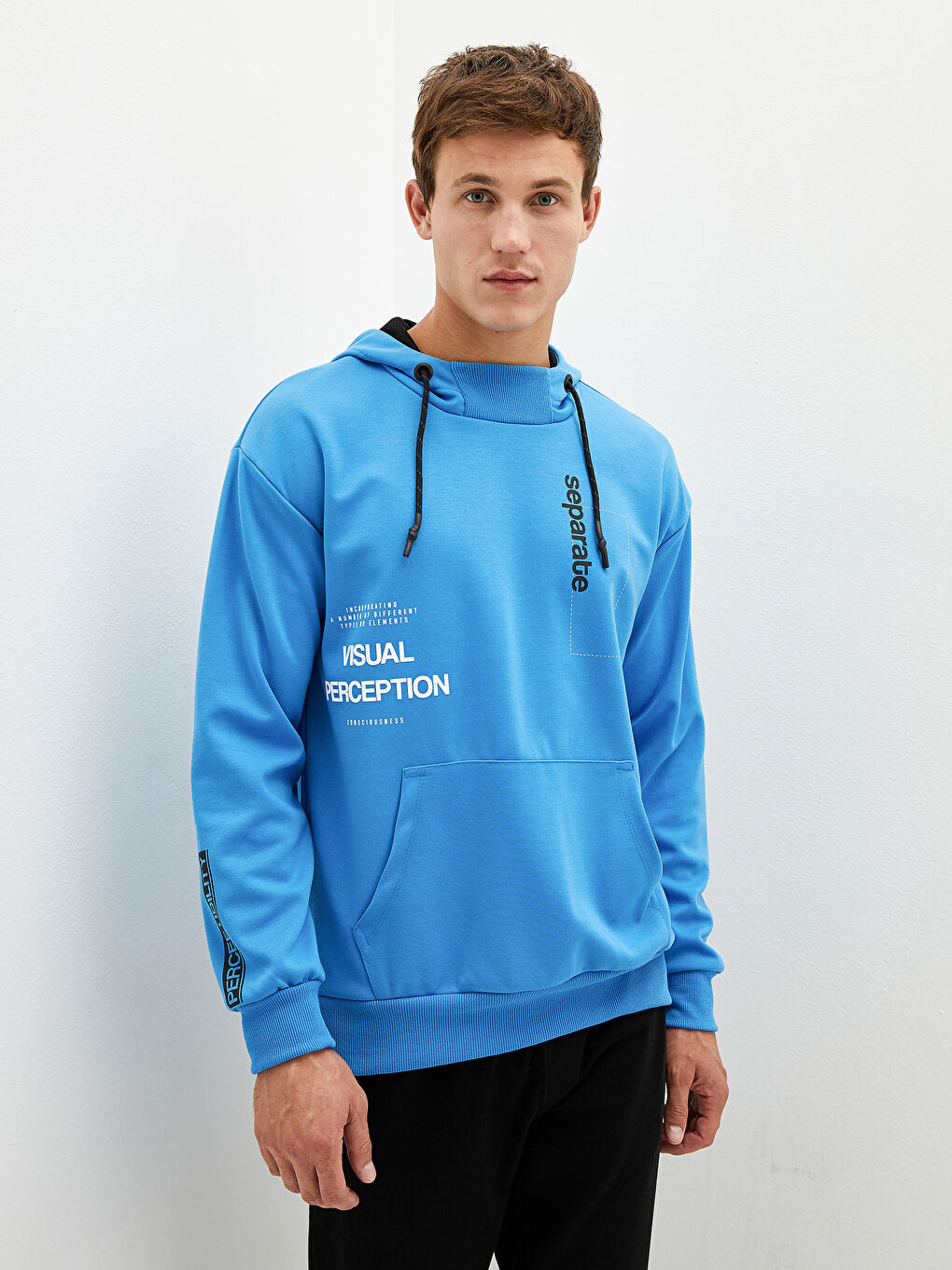 Mavi Uzun Kollu Baskılı Erkek Hoodie-10