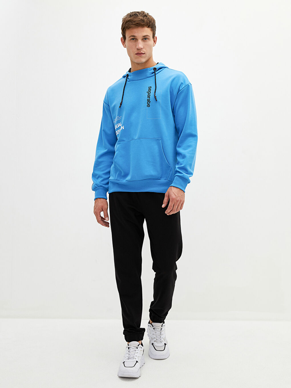 Mavi Uzun Kollu Baskılı Erkek Hoodie-12