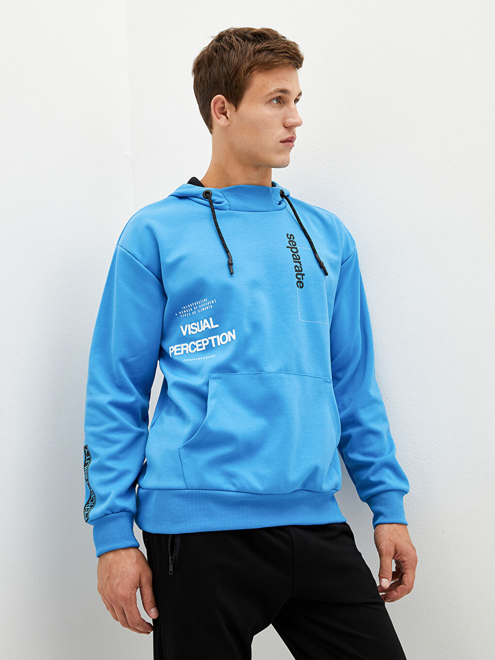 Mavi Uzun Kollu Baskılı Erkek Hoodie-4