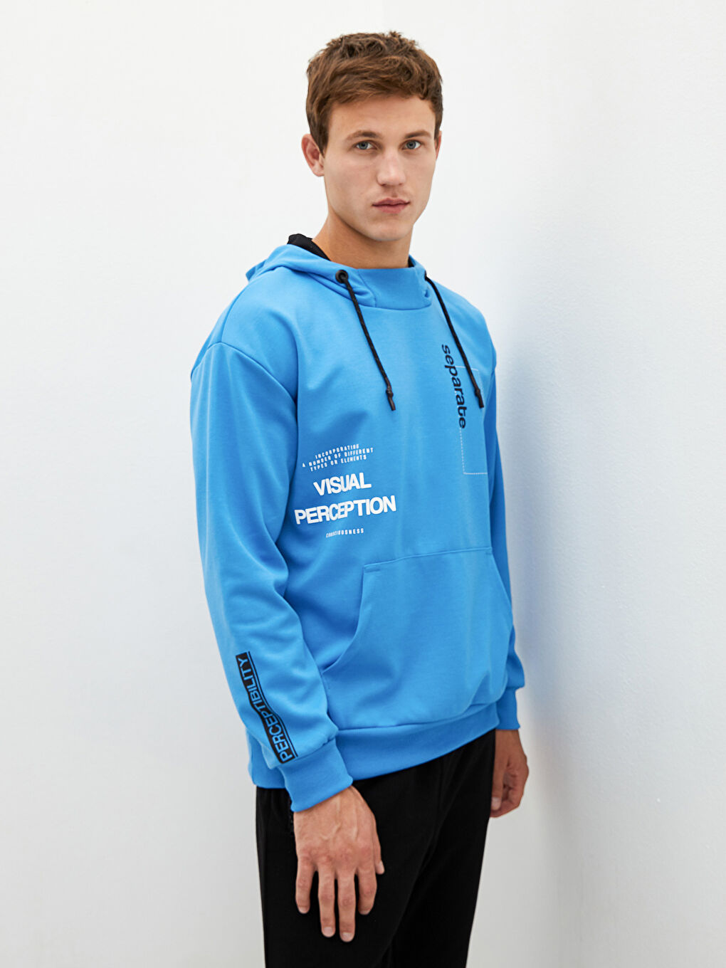 Mavi Uzun Kollu Baskılı Erkek Hoodie-6