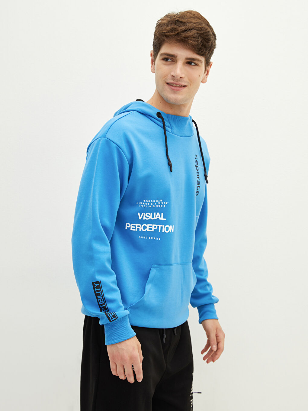 Mavi Uzun Kollu Baskılı Erkek Hoodie-7