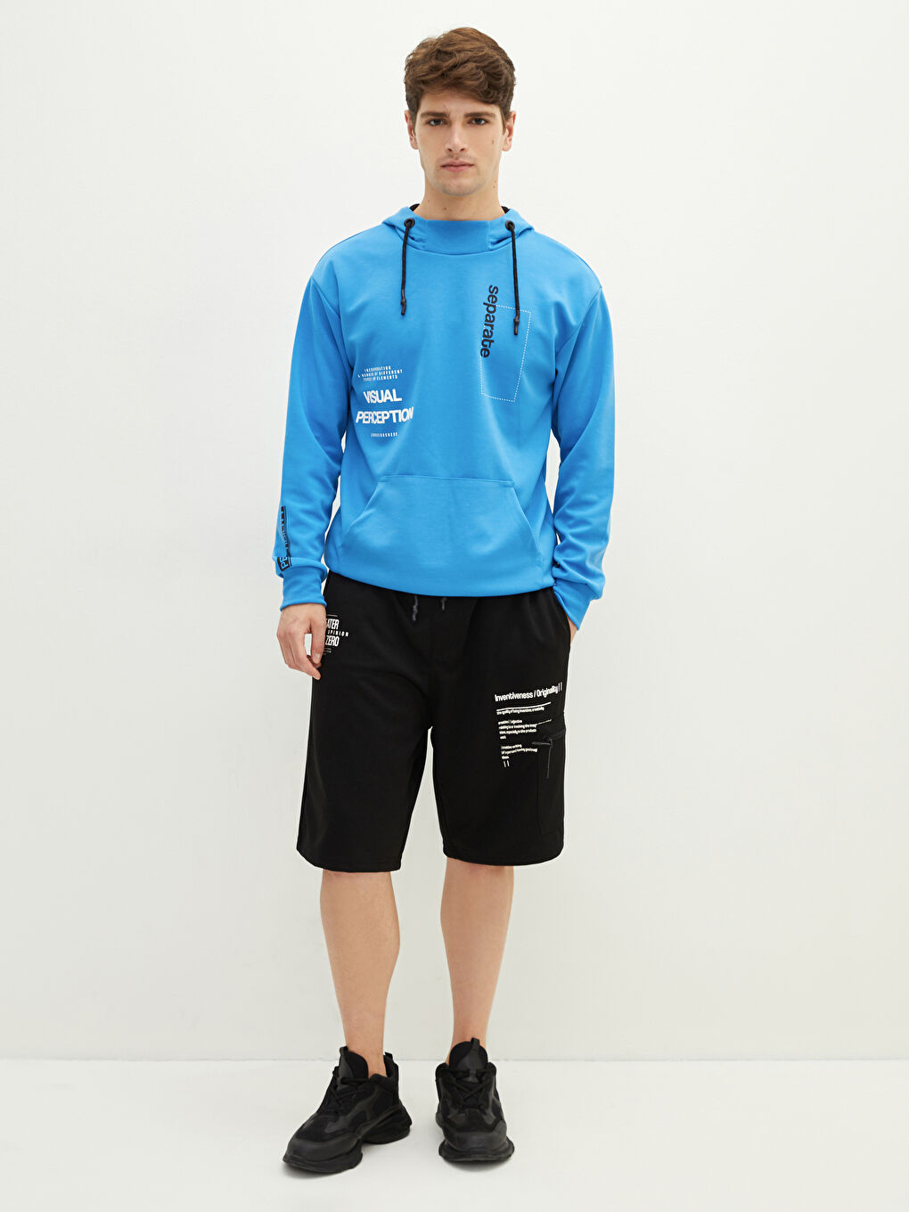 Mavi Uzun Kollu Baskılı Erkek Hoodie-9