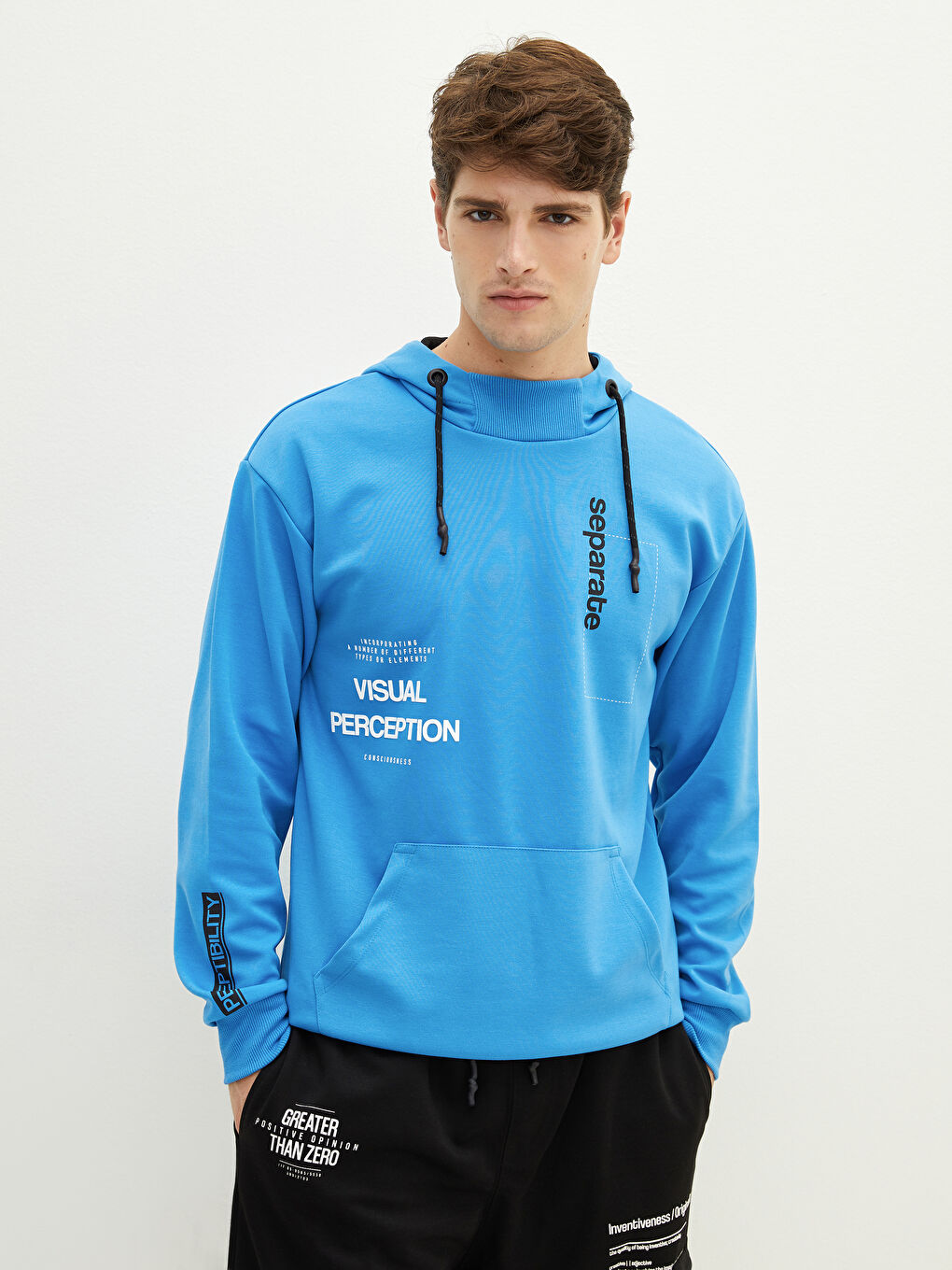 Mavi Uzun Kollu Baskılı Erkek Hoodie-3