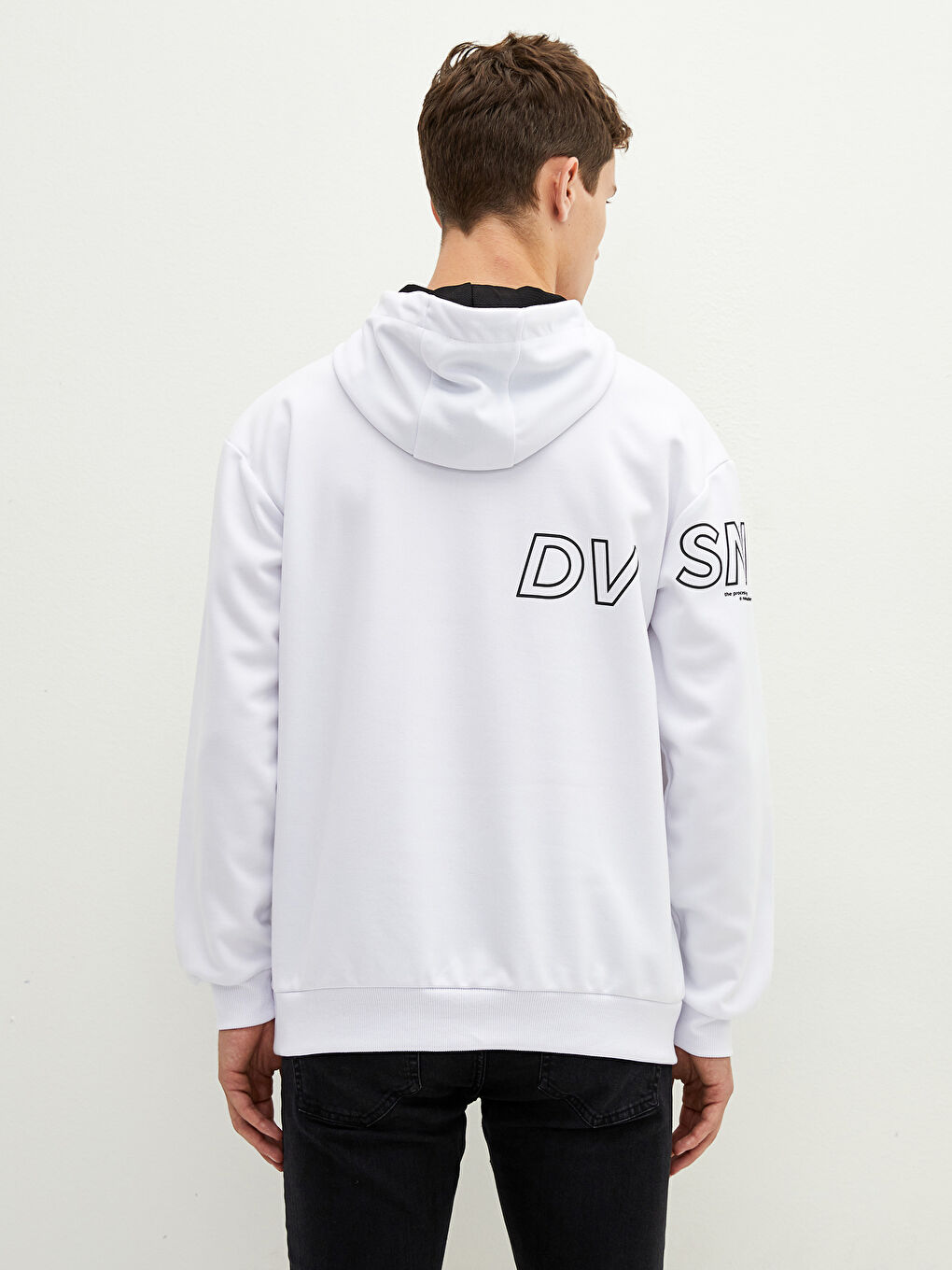 Beyaz Uzun Kollu Baskılı Erkek Hoodie-10