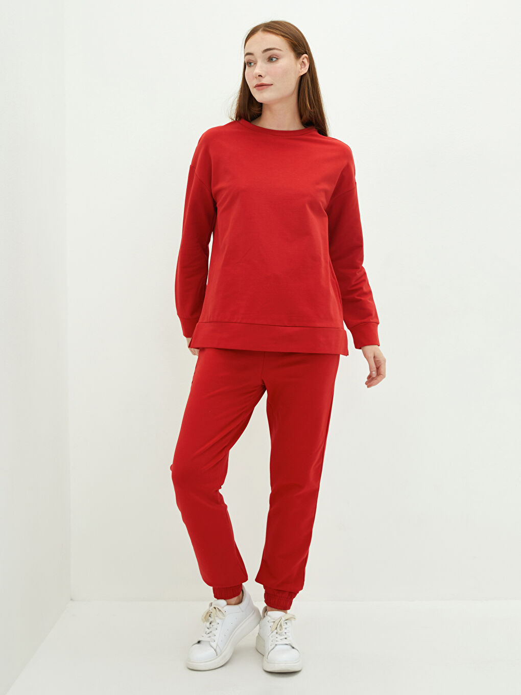 Kırmızı Bisiklet Yaka Düz Uzun Kollu Kadın Sweatshirt-2