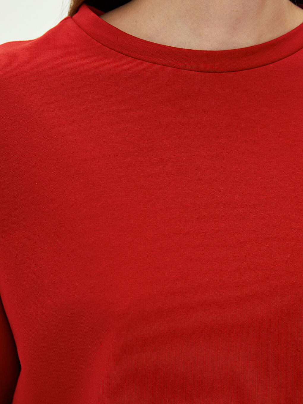 Kırmızı Bisiklet Yaka Düz Uzun Kollu Kadın Sweatshirt-3