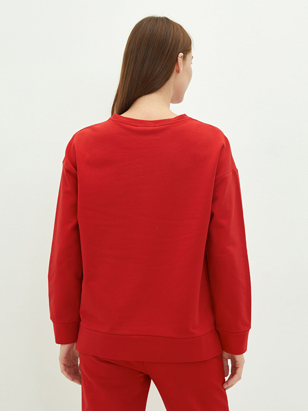 Kırmızı Bisiklet Yaka Düz Uzun Kollu Kadın Sweatshirt-4