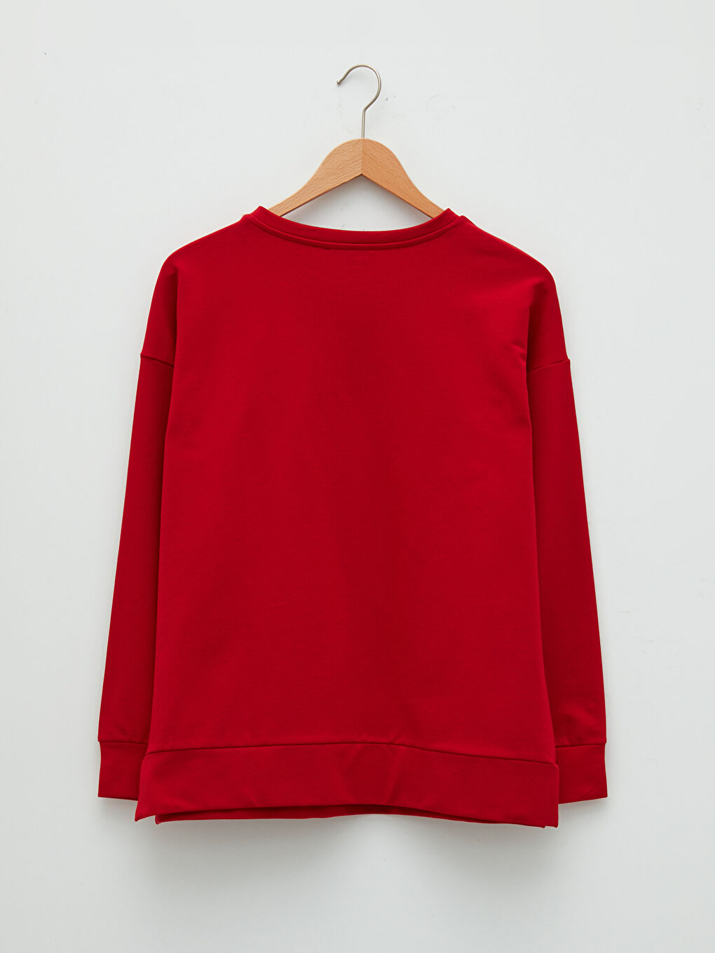 Kırmızı Bisiklet Yaka Düz Uzun Kollu Kadın Sweatshirt-6