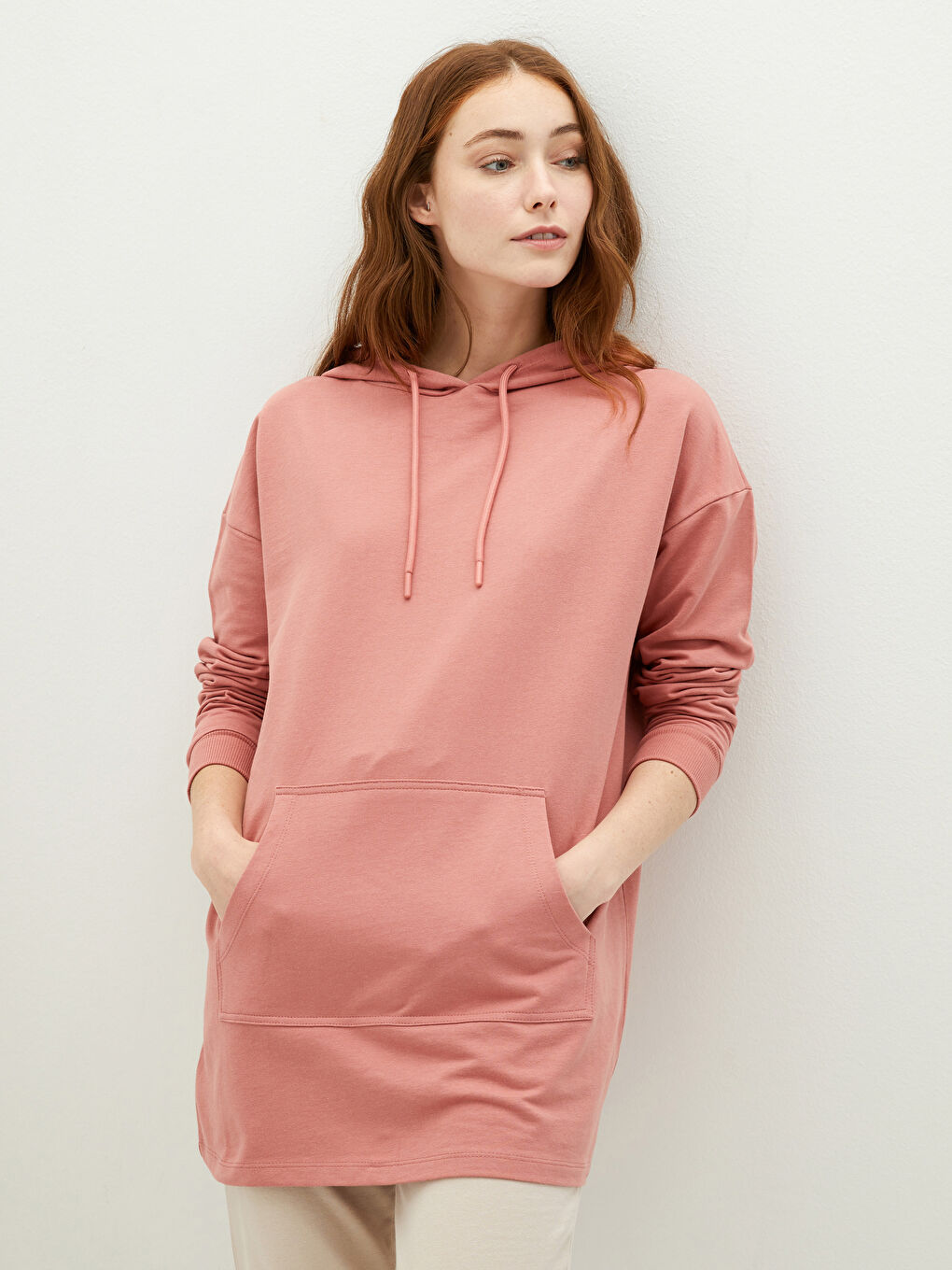 Pembe Kapüşonlu Düz Uzun Kollu Pamuklu Kadın Sweatshirt