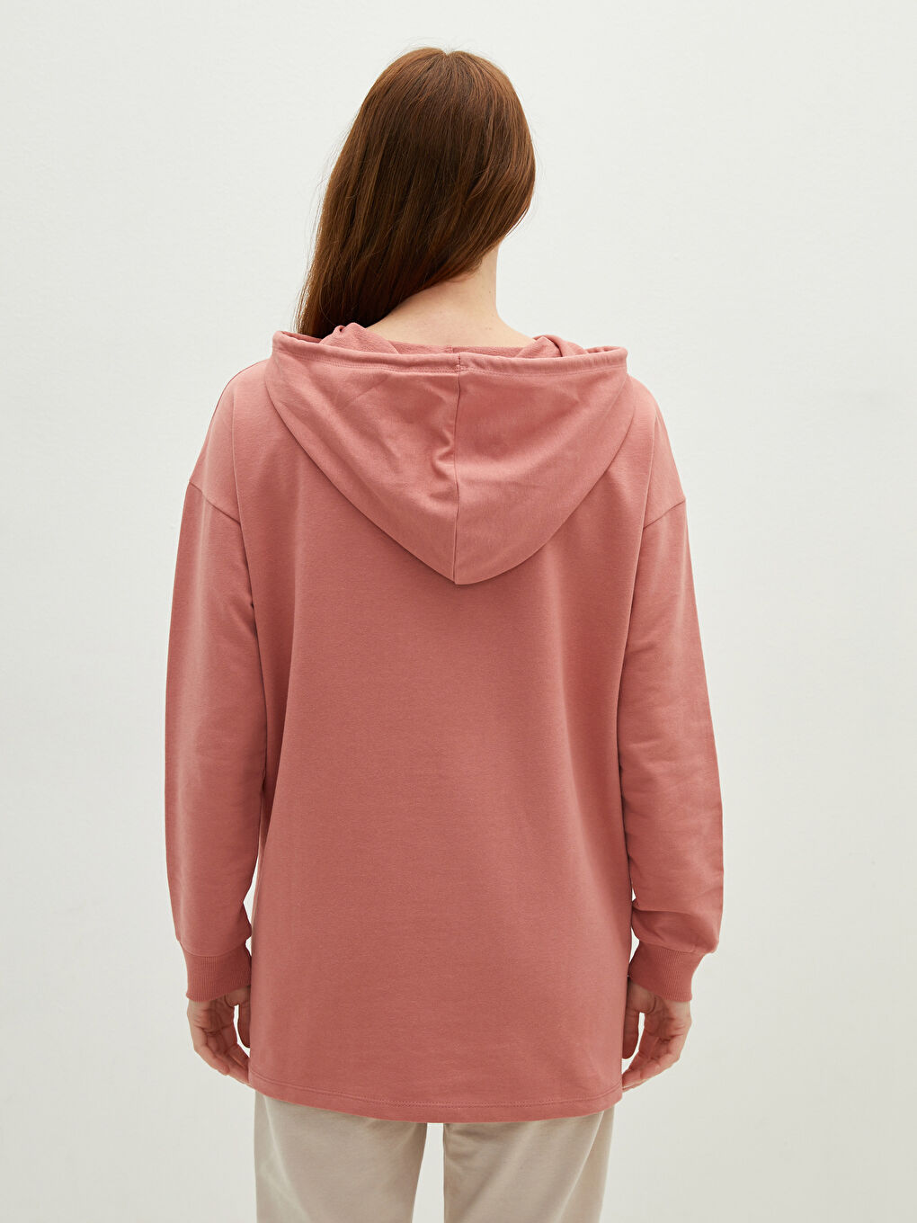 Pembe Kapüşonlu Düz Uzun Kollu Pamuklu Kadın Sweatshirt-4