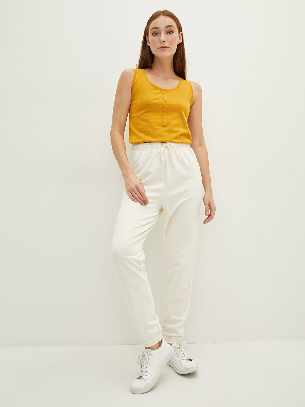 Ekru Kadın Beli Lastikli Düz Eşofman Altı