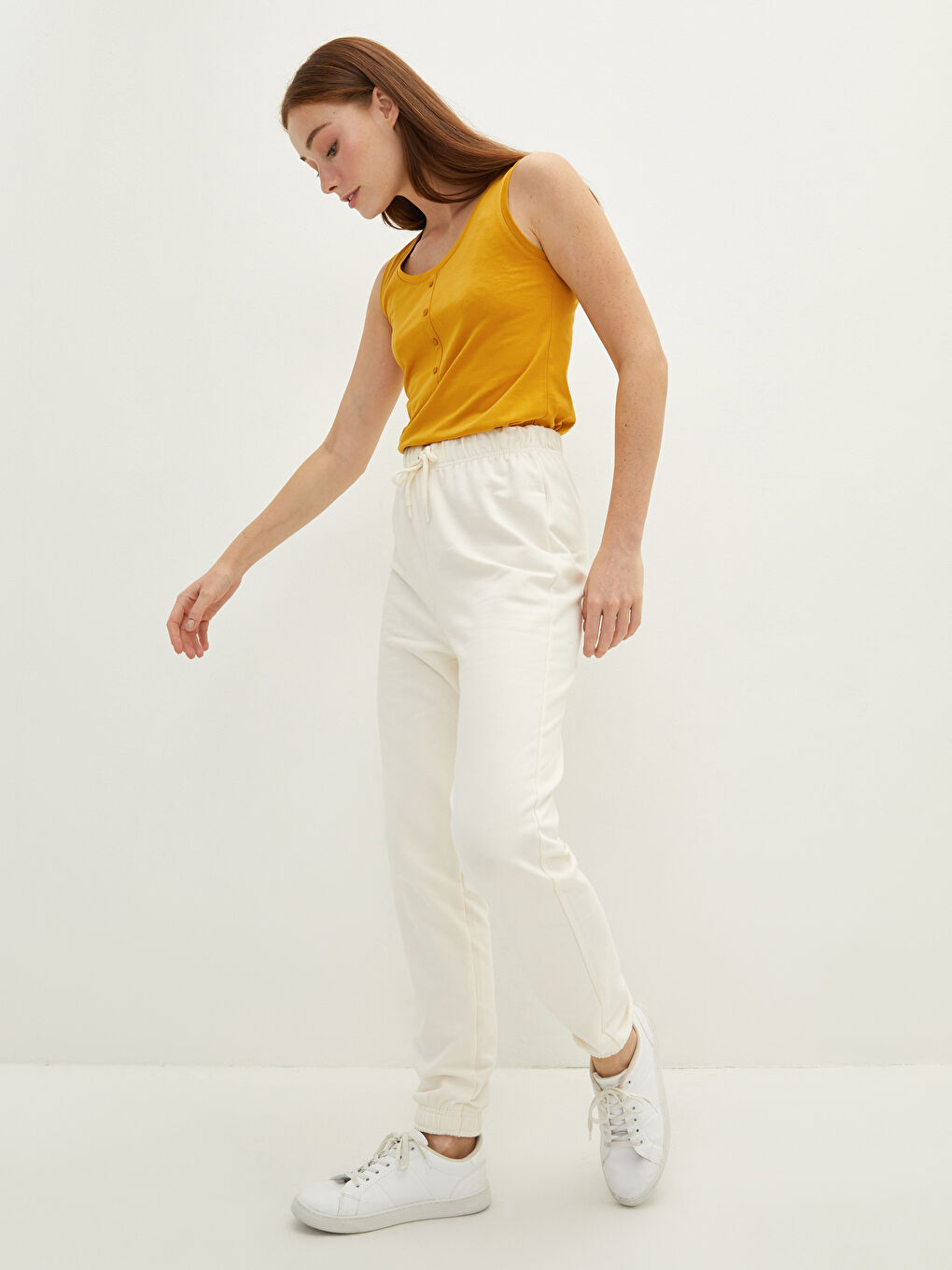 Ekru Kadın Beli Lastikli Düz Eşofman Altı-1