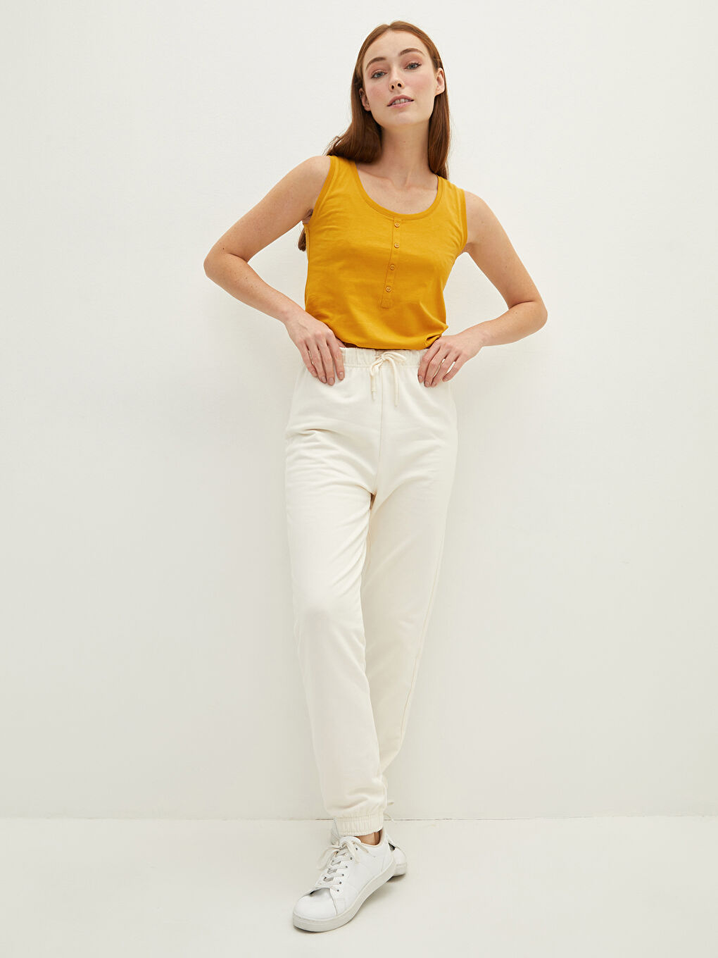 Ekru Kadın Beli Lastikli Düz Eşofman Altı-2