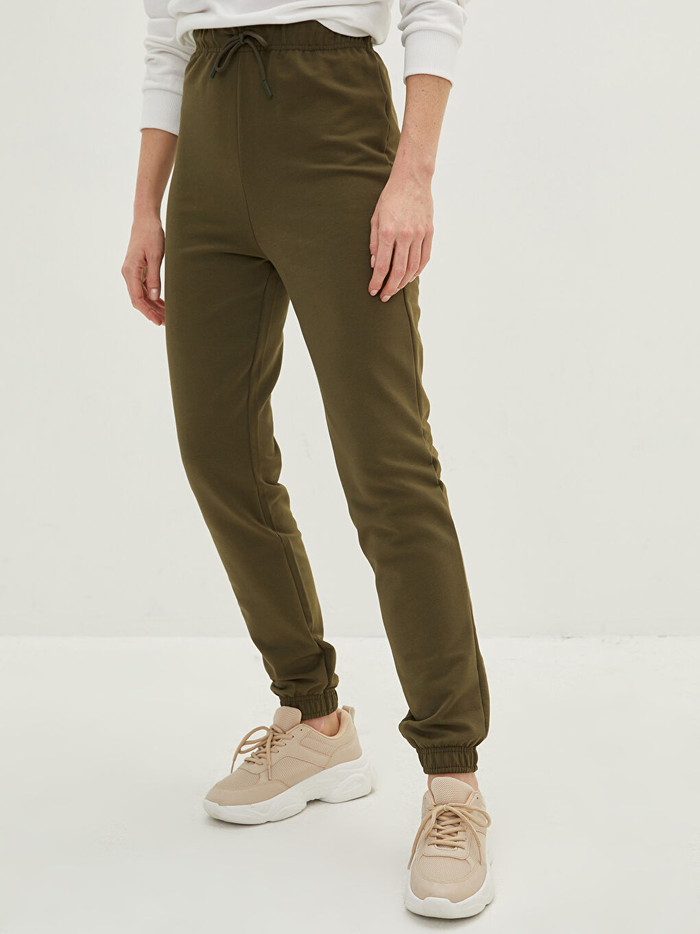 Haki Kadın Beli Lastikli Düz Eşofman Alt-3