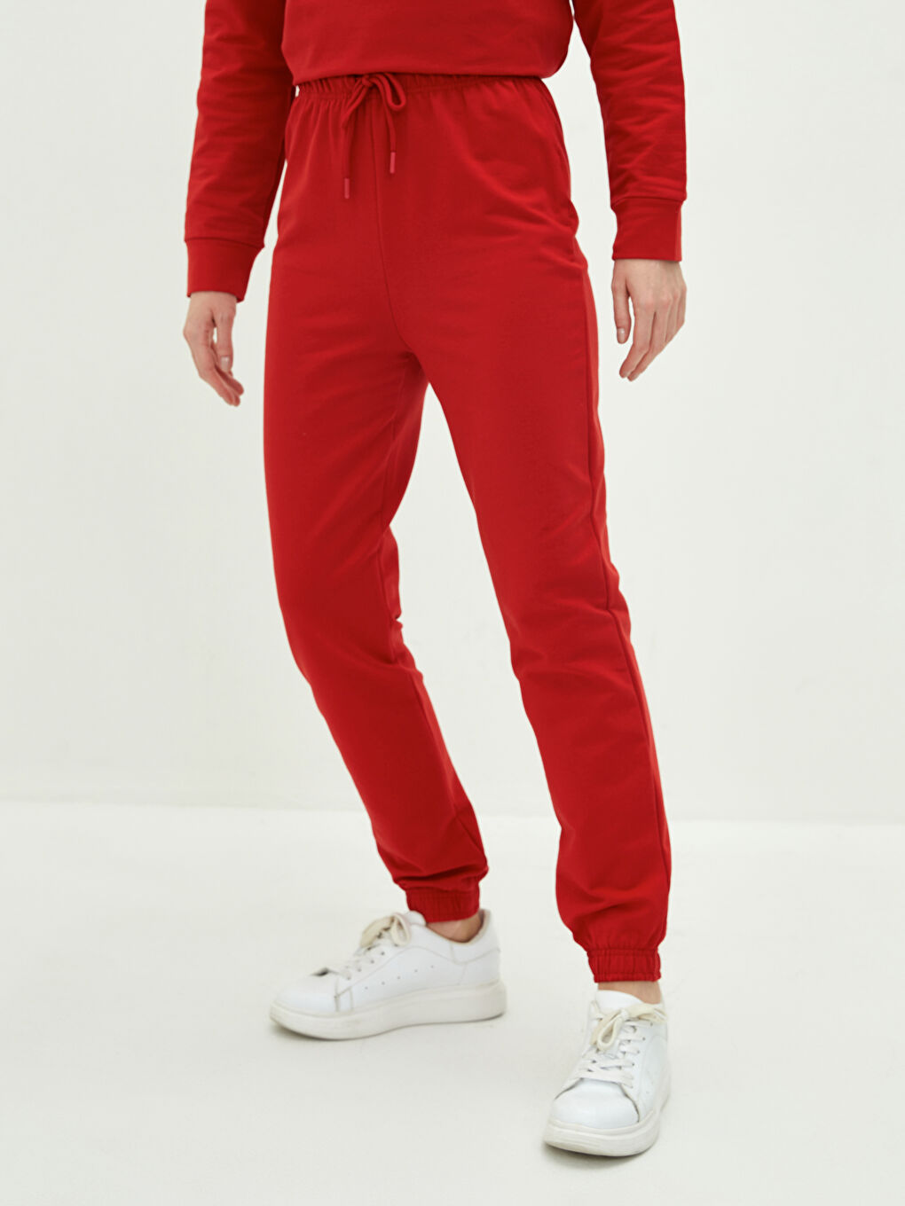 Kırmızı Kadın Beli Lastikli Düz Eşofman Alt-3