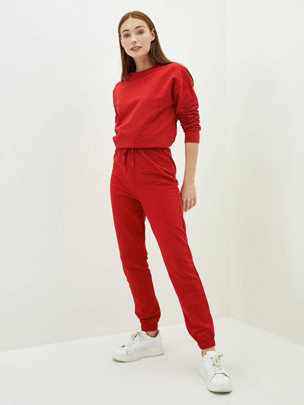 Kırmızı Kadın Beli Lastikli Düz Eşofman Alt-1