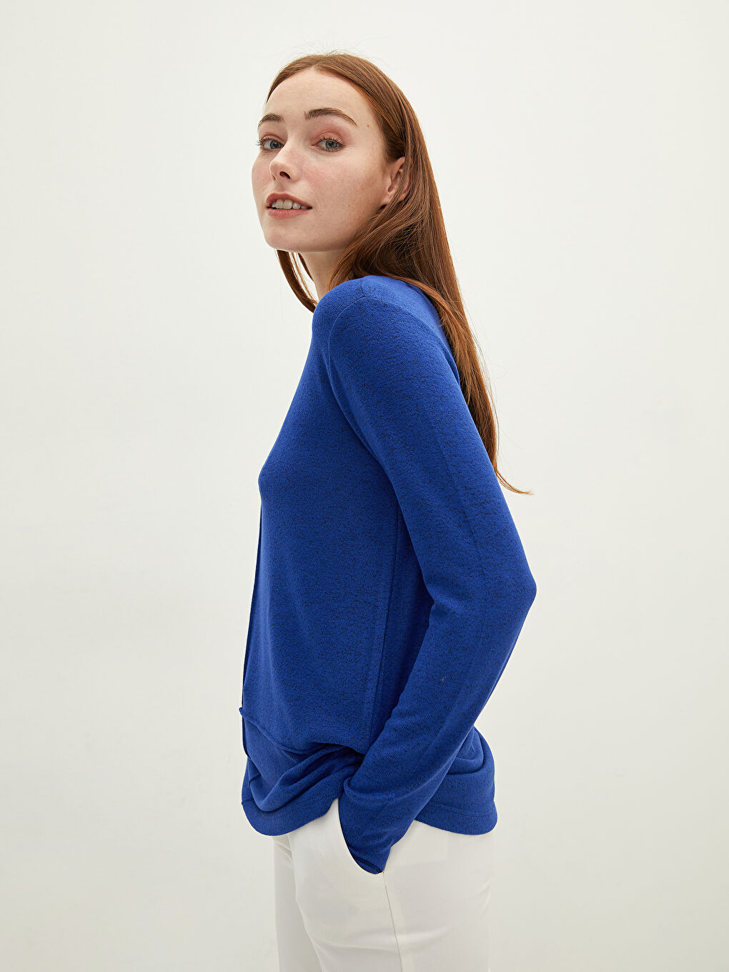 Mavi Bisiklet Yaka Düz Uzun Kollu Kadın Tişört-1