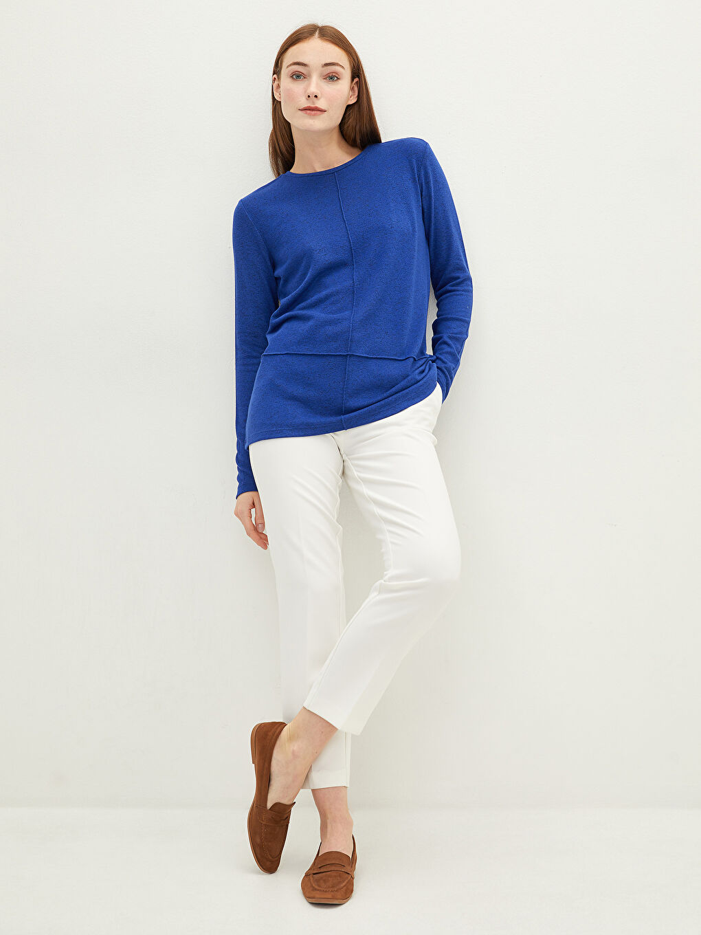 Mavi Bisiklet Yaka Düz Uzun Kollu Kadın Tişört-3