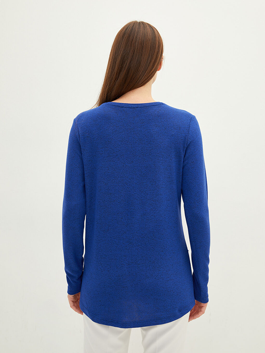 Mavi Bisiklet Yaka Düz Uzun Kollu Kadın Tişört-4