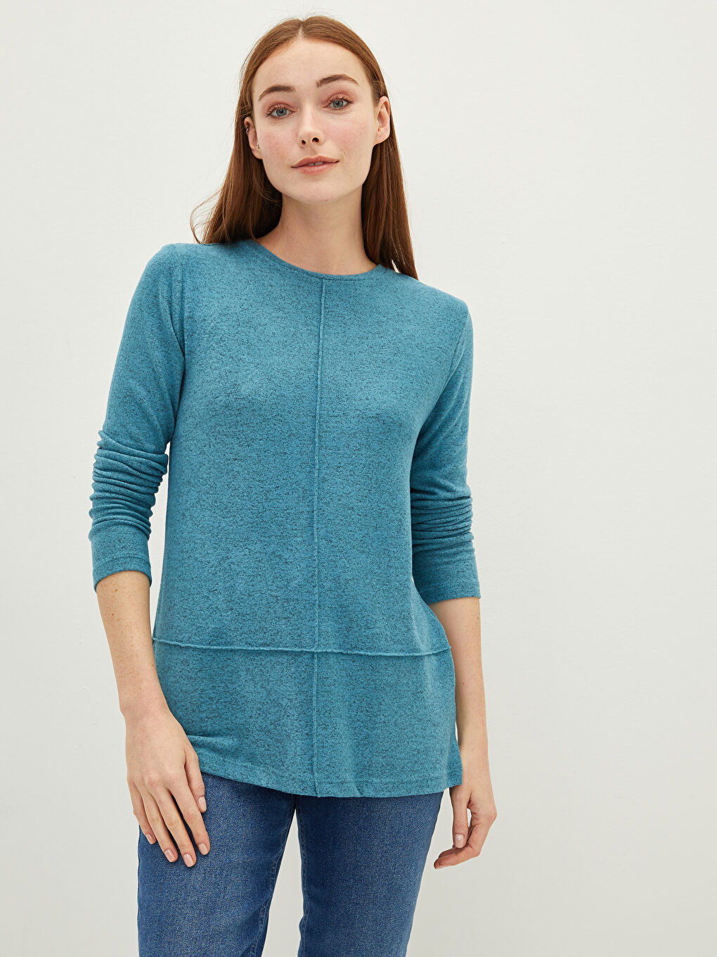 Mavi Bisiklet Yaka Düz Uzun Kollu Kadın Tişört