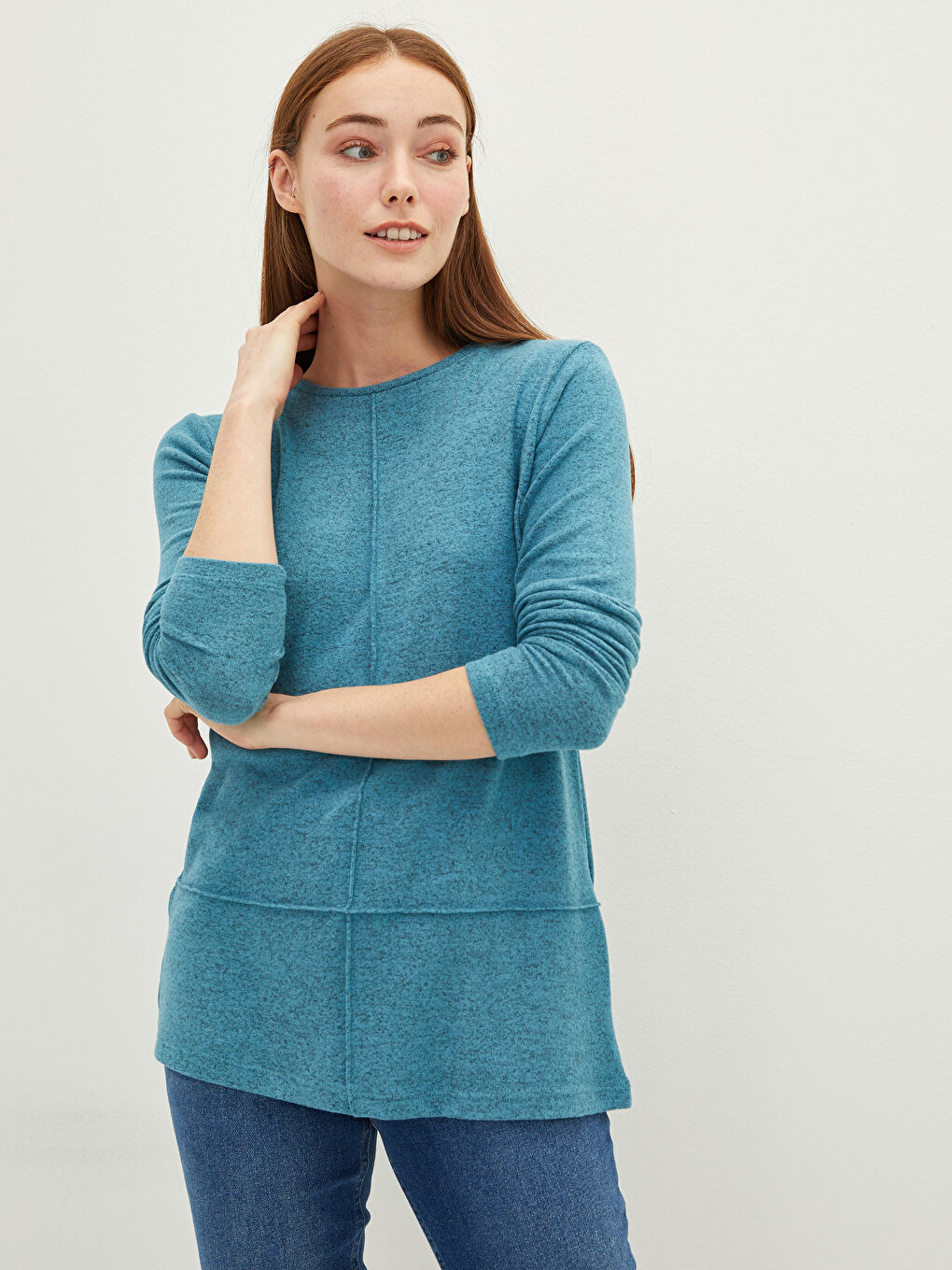 Mavi Bisiklet Yaka Düz Uzun Kollu Kadın Tişört-1