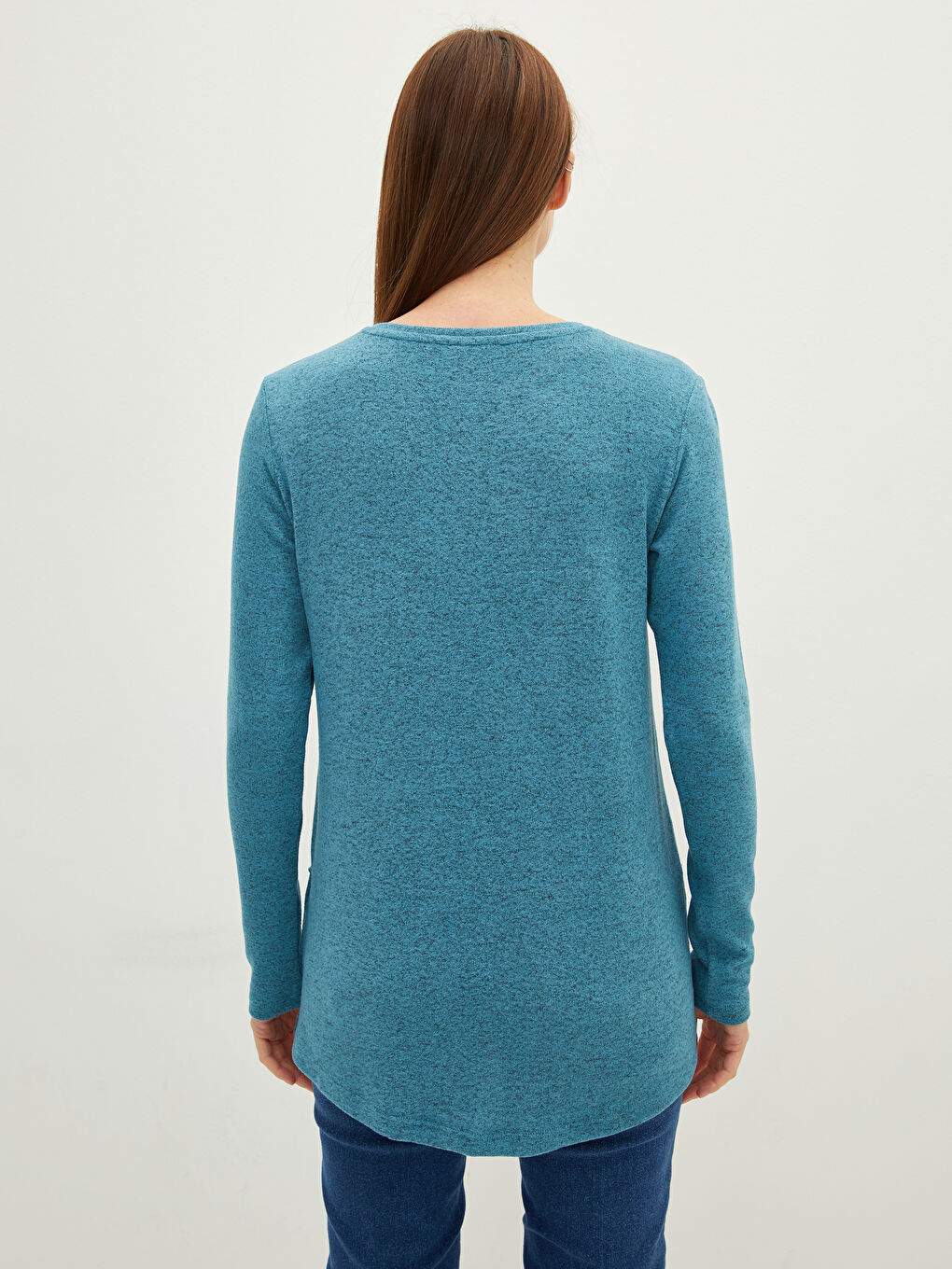 Mavi Bisiklet Yaka Düz Uzun Kollu Kadın Tişört-4