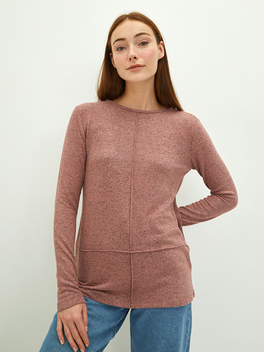 Pembe Bisiklet Yaka Düz Uzun Kollu Kadın Tişört-1