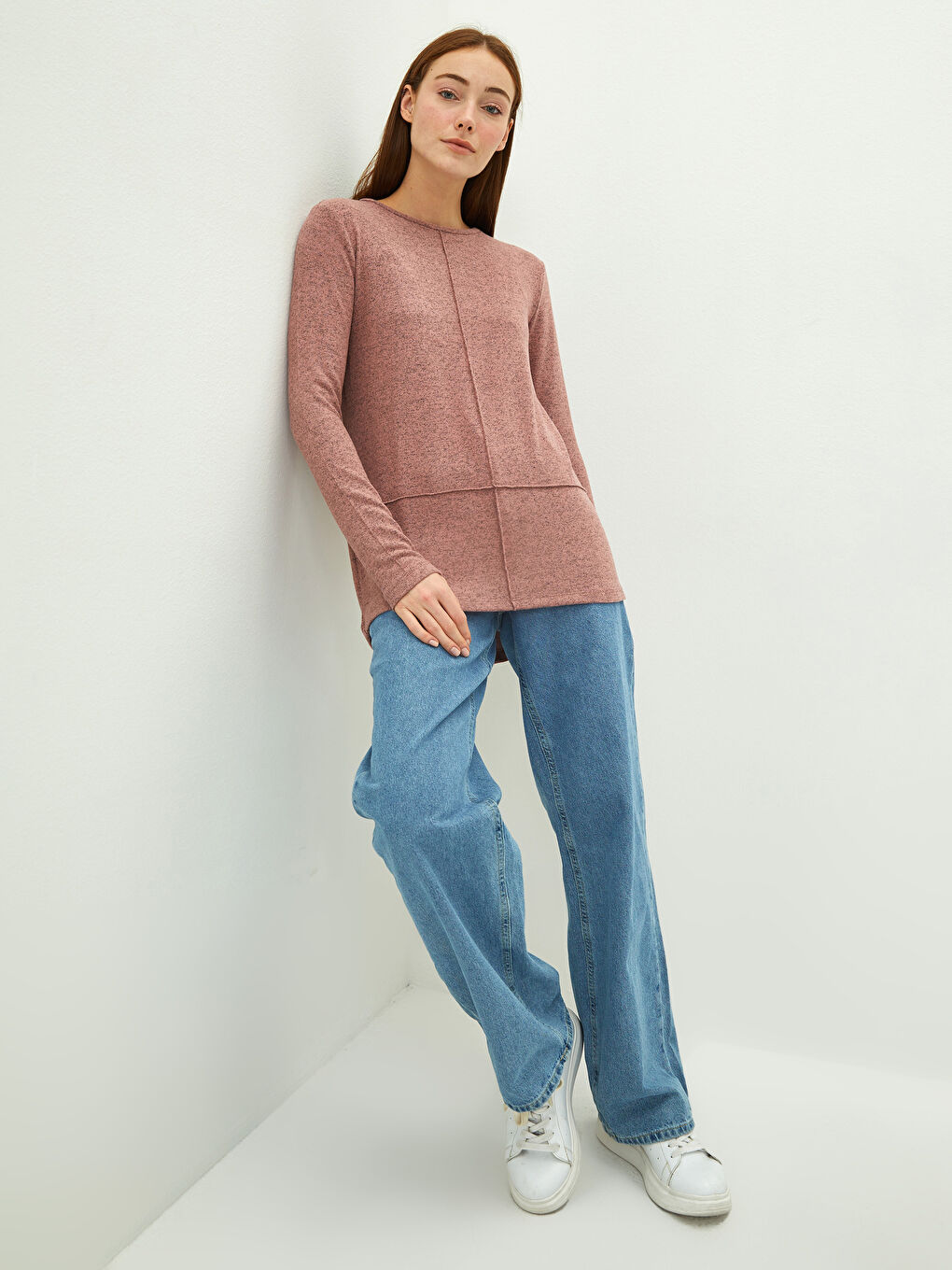 Pembe Bisiklet Yaka Düz Uzun Kollu Kadın Tişört-3