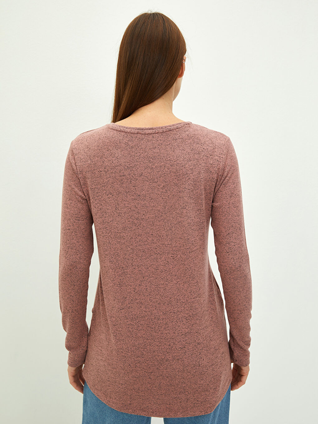 Pembe Bisiklet Yaka Düz Uzun Kollu Kadın Tişört-4