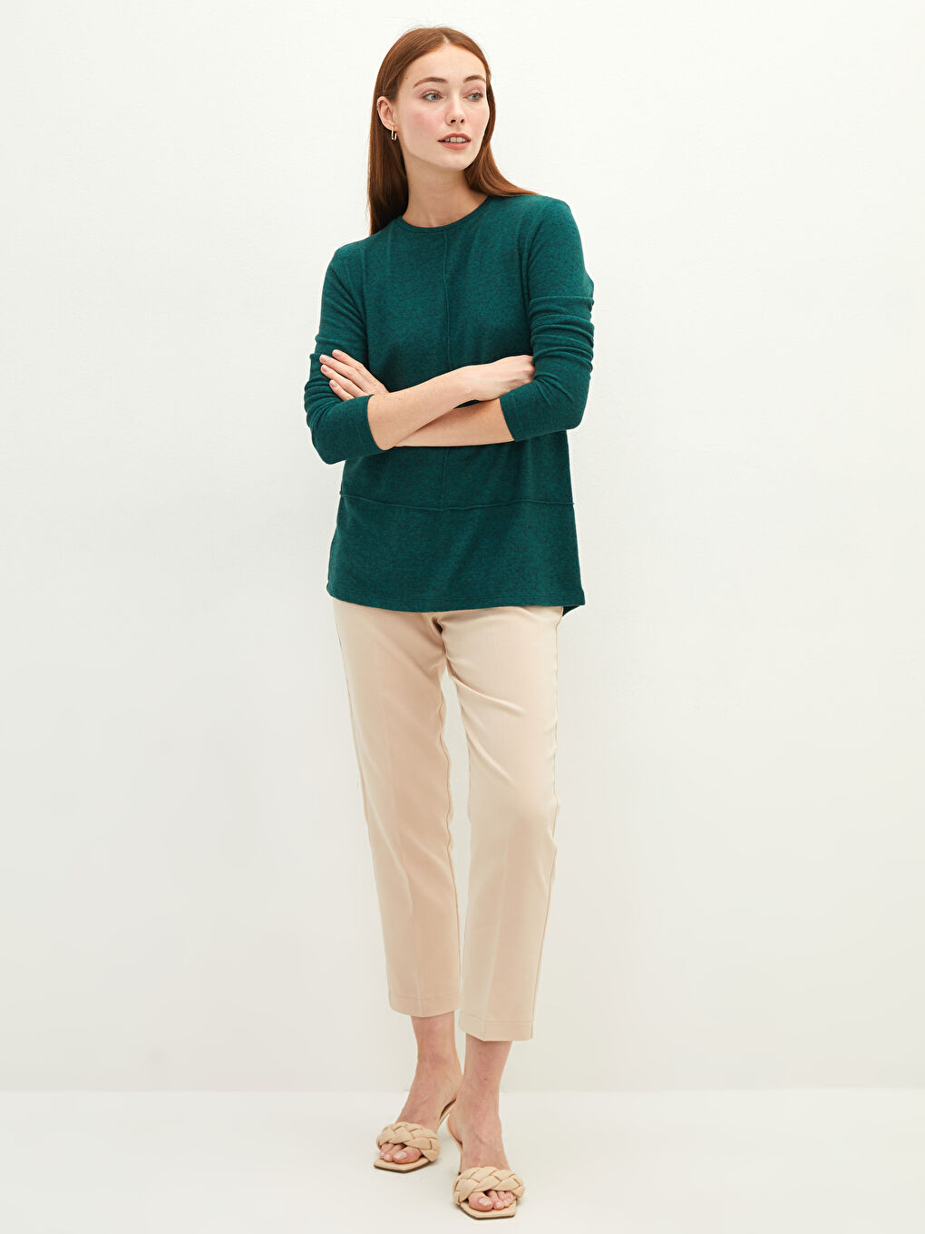 تيشيرت كم طويل سادة بياقة دائرية للسيدات-2