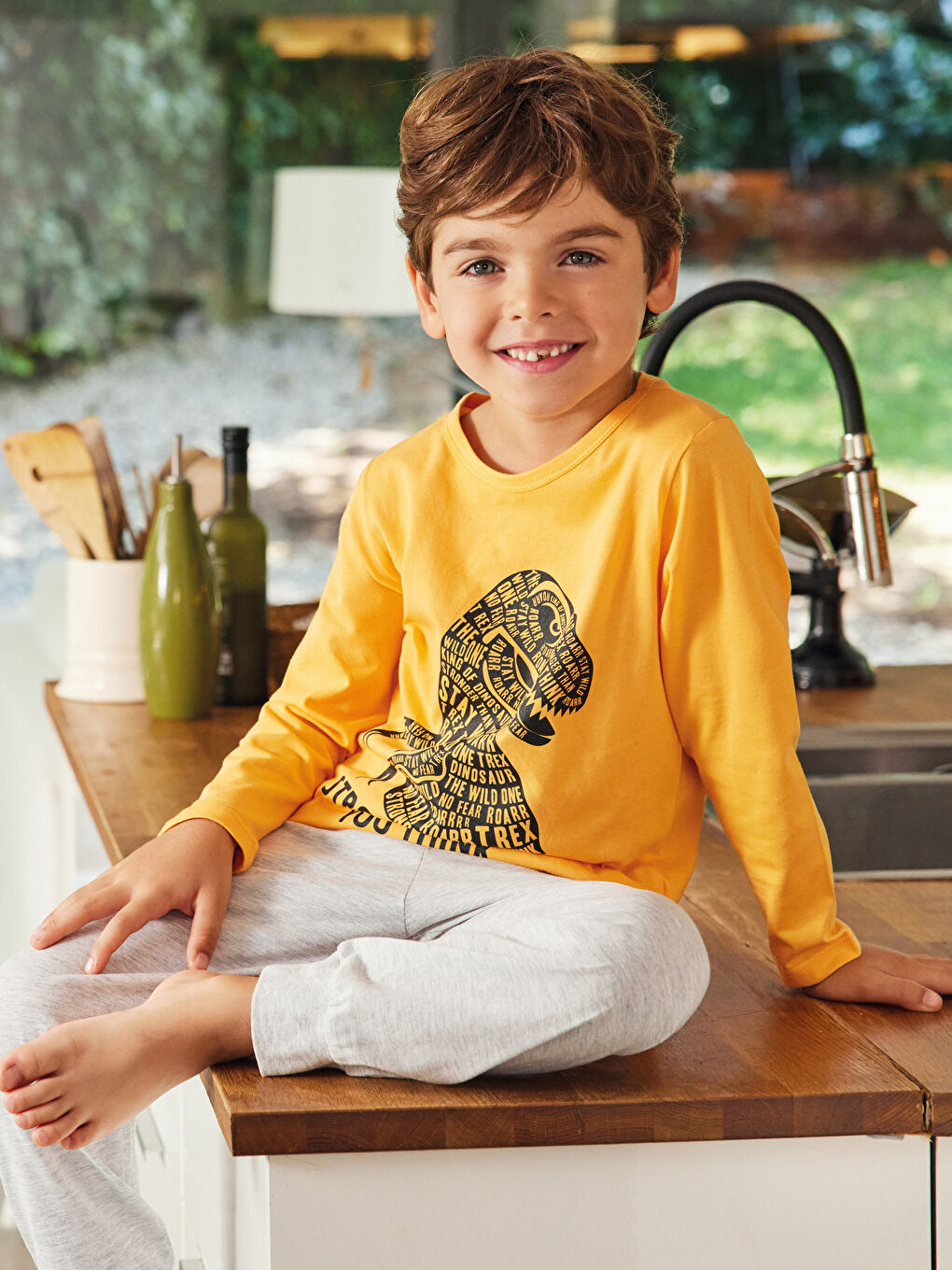 Turuncu Bisiklet Yaka Baskılı Uzun Kollu Erkek Çocuk Pijama Takımı-1