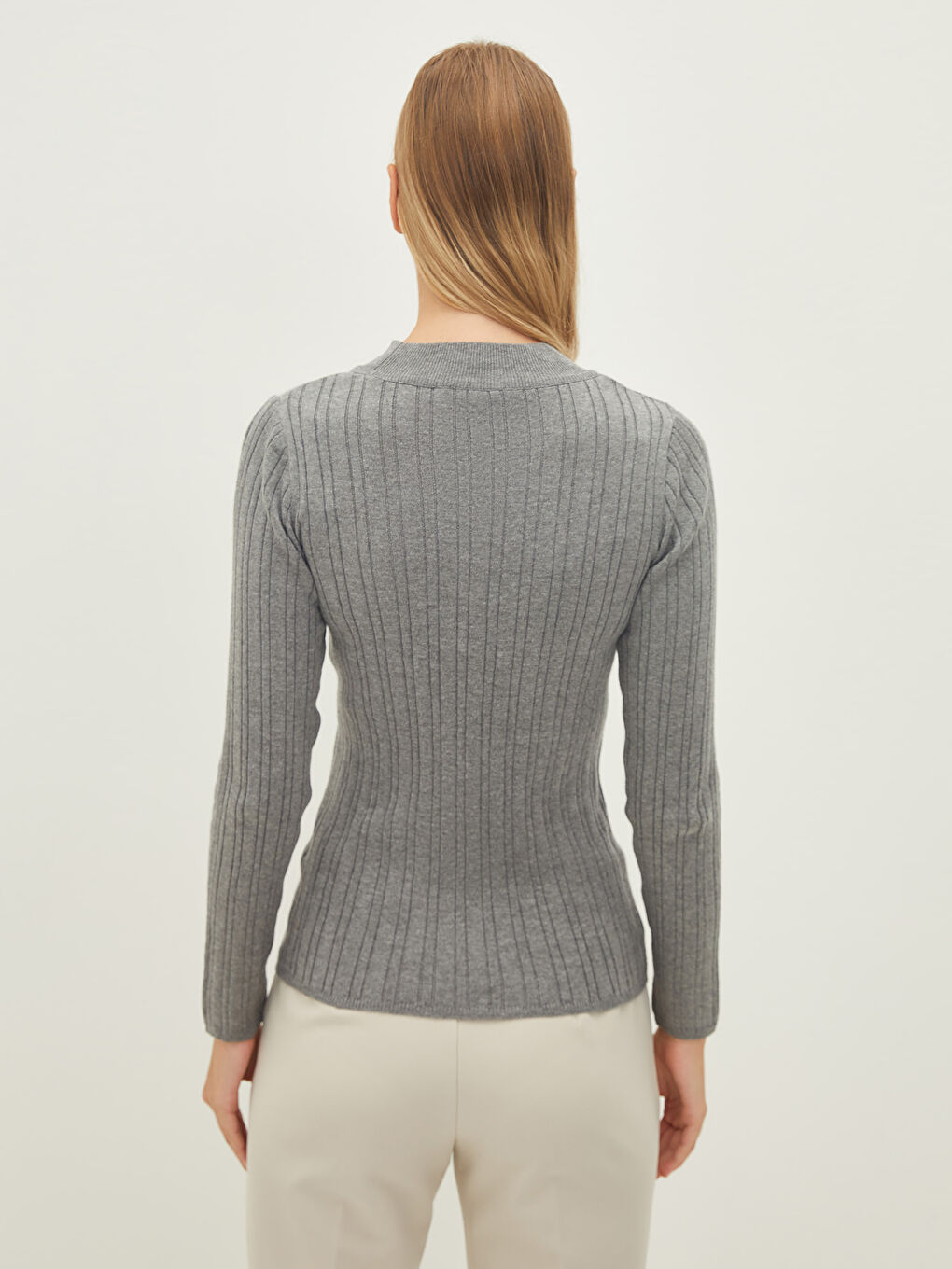 Gri Yarım Balıkçı Yaka Çizgili Uzun Kollu Kadın Triko Kazak-4