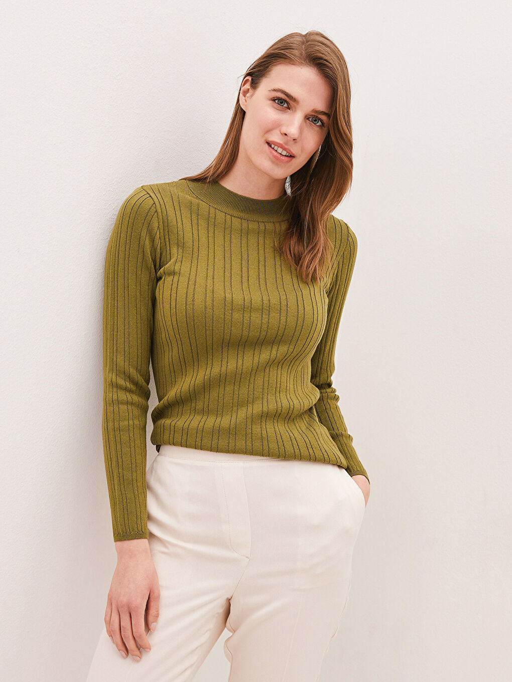 Haki Yarım Balıkçı Yaka Çizgili Uzun Kollu Kadın Triko Kazak-1