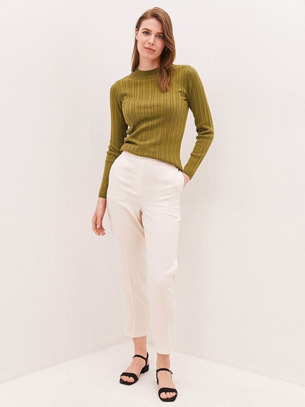 Haki Yarım Balıkçı Yaka Çizgili Uzun Kollu Kadın Triko Kazak-3