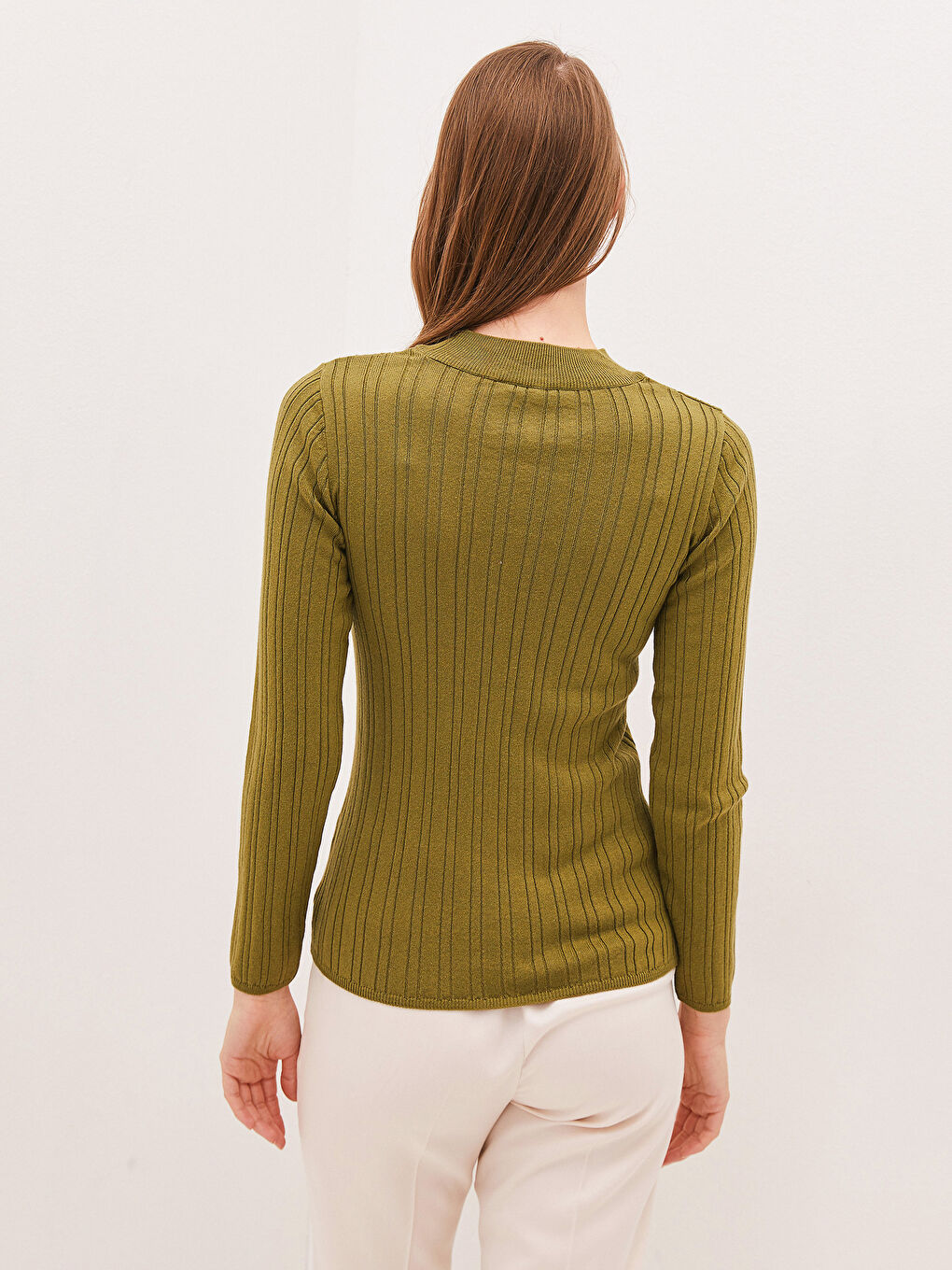 Haki Yarım Balıkçı Yaka Çizgili Uzun Kollu Kadın Triko Kazak-4