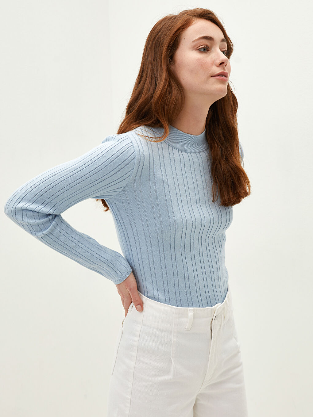 Mavi Yarım Balıkçı Yaka Çizgili Uzun Kollu Kadın Triko Kazak