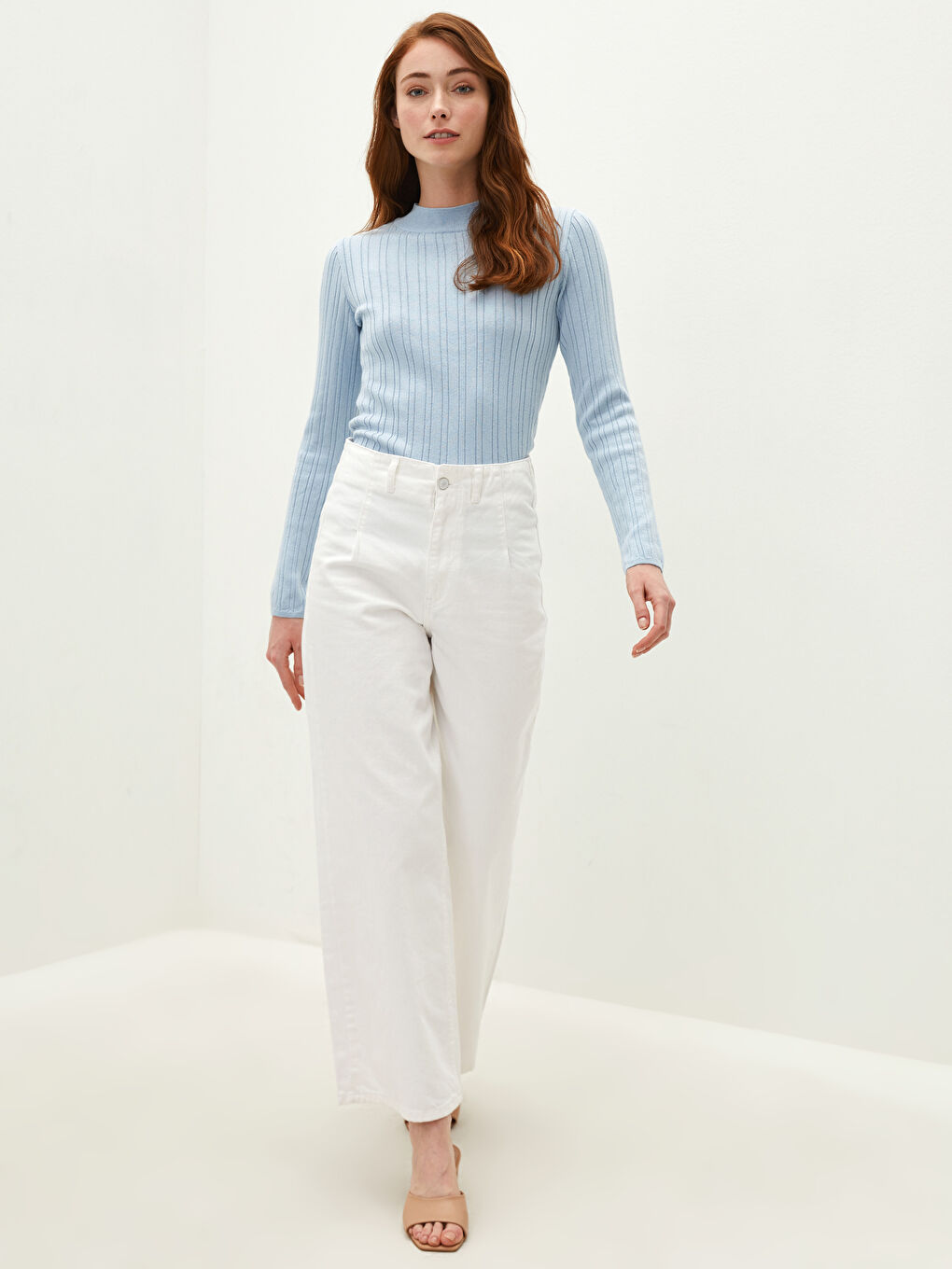 Mavi Yarım Balıkçı Yaka Çizgili Uzun Kollu Kadın Triko Kazak-3