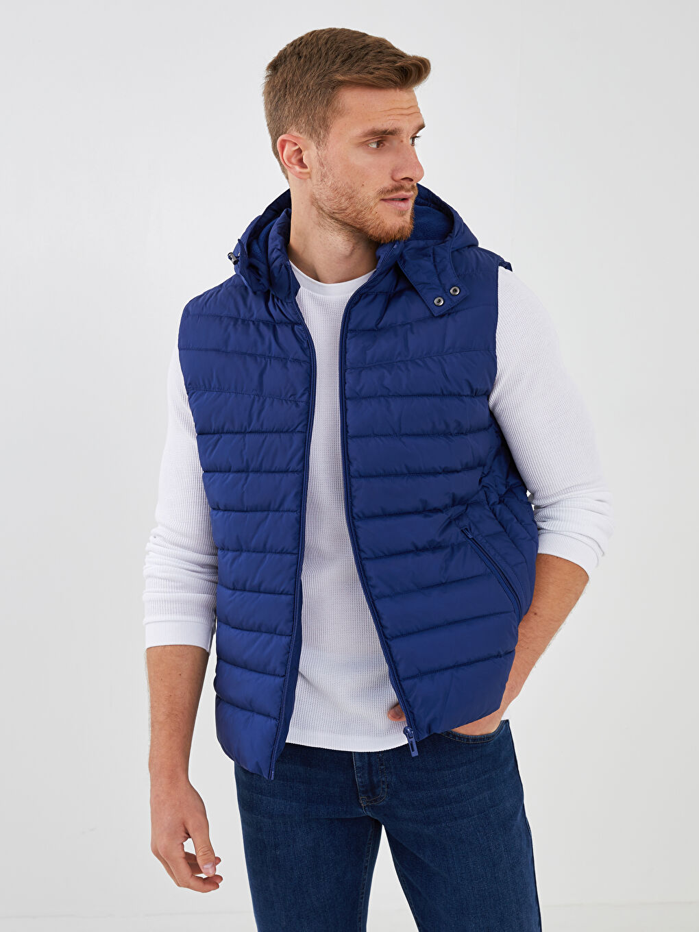 Lacivert Bol Kalıp Kapüşonlu Erkek Yelek-1