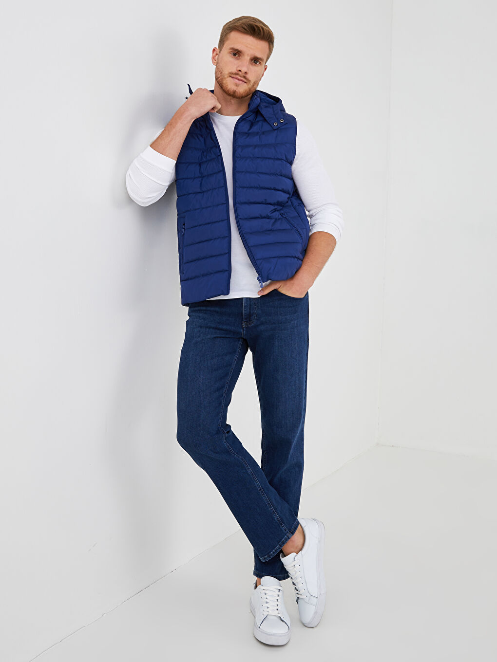 Lacivert Bol Kalıp Kapüşonlu Erkek Yelek-4