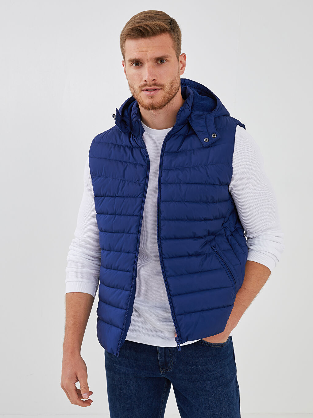 Lacivert Bol Kalıp Kapüşonlu Erkek Yelek