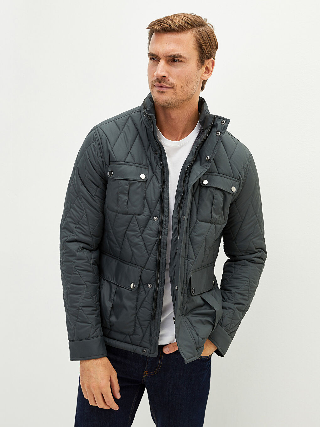 Haki Standart Kalıp Dik Yaka Erkek Mont