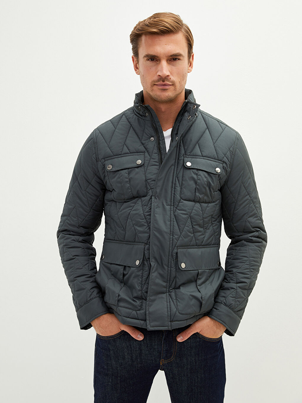 Haki Standart Kalıp Dik Yaka Erkek Mont-1