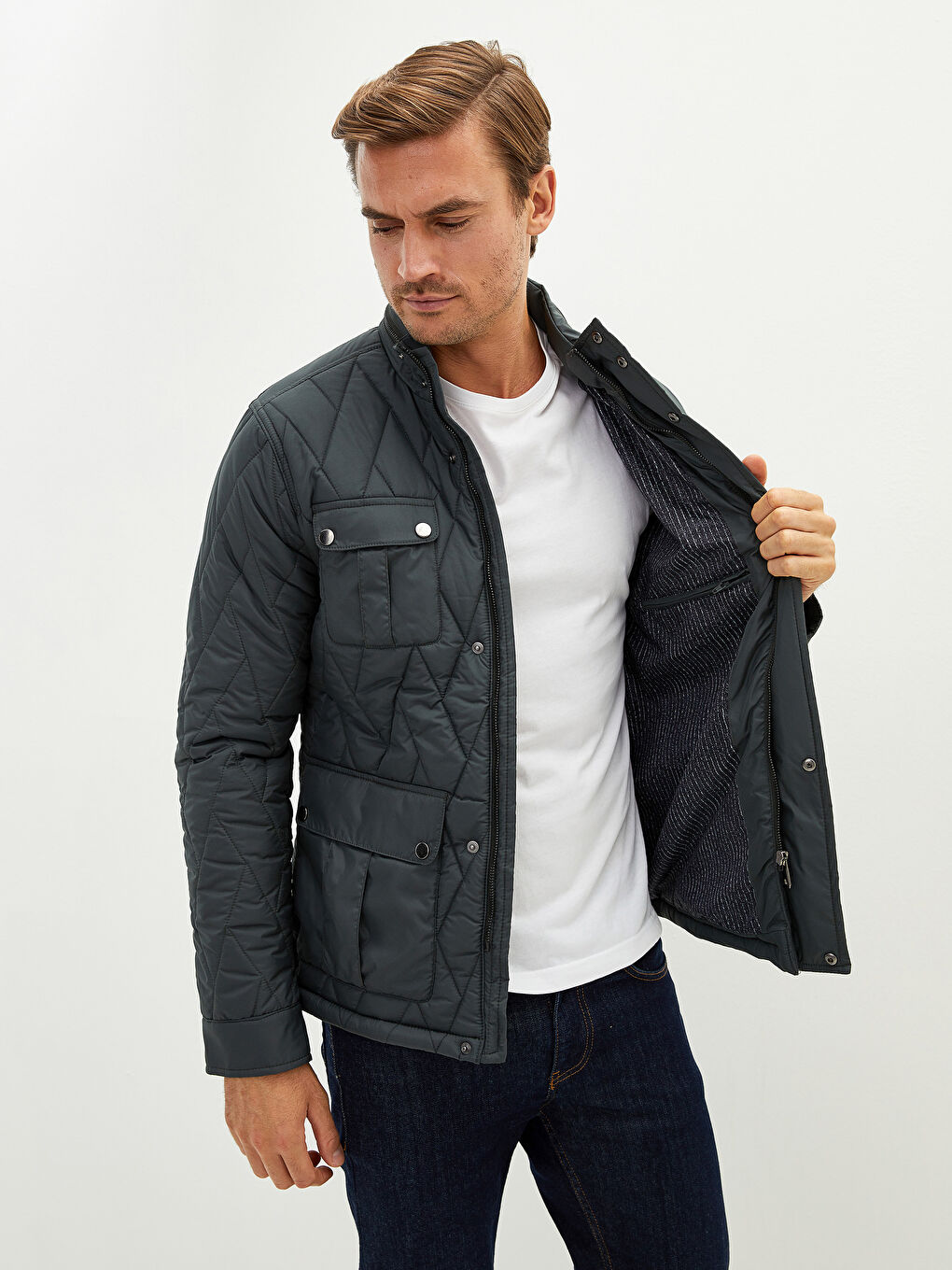 Haki Standart Kalıp Dik Yaka Erkek Mont-2