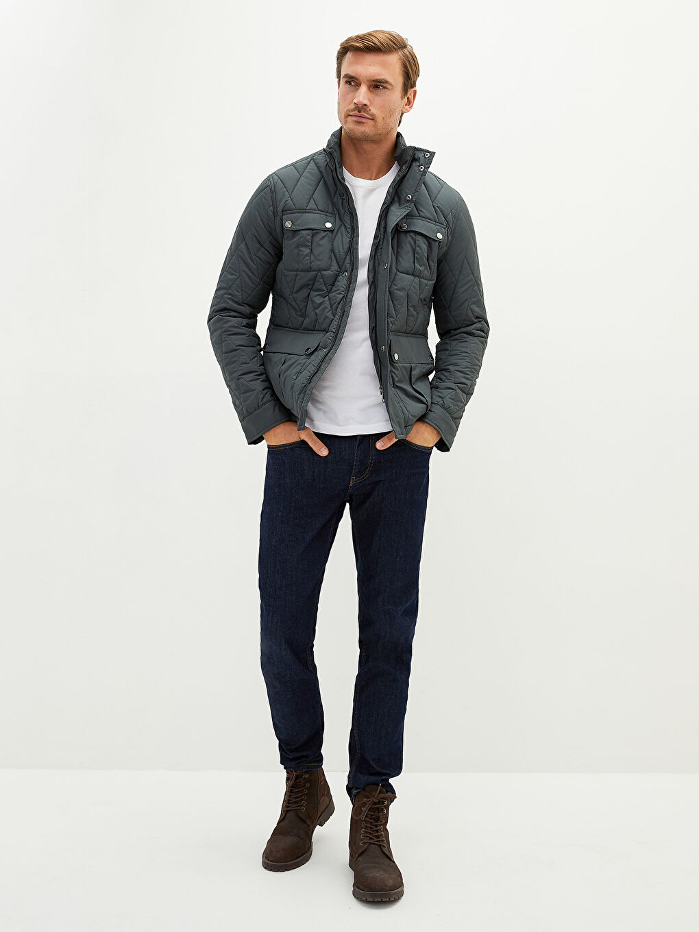 Haki Standart Kalıp Dik Yaka Erkek Mont-3