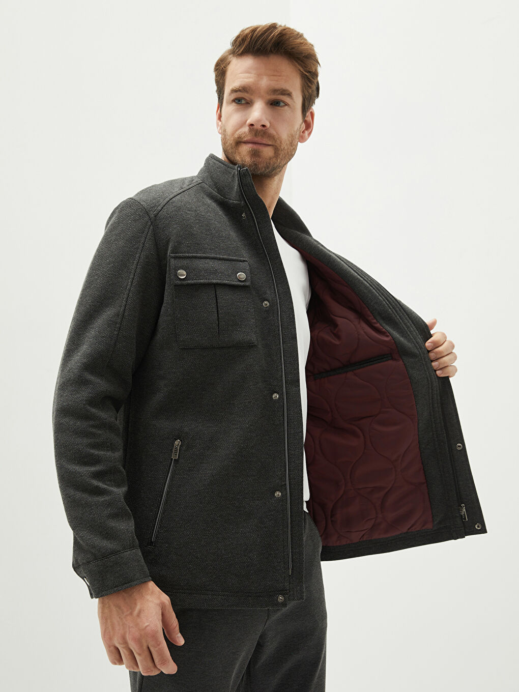 Gri Standart Kalıp Dik Yaka Erkek Mont-2